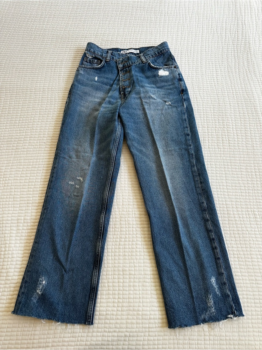 Zara Blue Distressed Wide-Leg Jeans